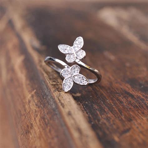 Women Two Butterfly Silver Open Crystal Ring Adjustable Thumb Finger