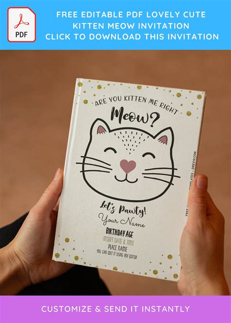 Free Editable Pdf Lovely Cute Kitten Meow Birthday Invitation
