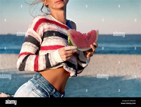 Happy Woman Eating Watermelon On The Beach Happiness Vacation Beach