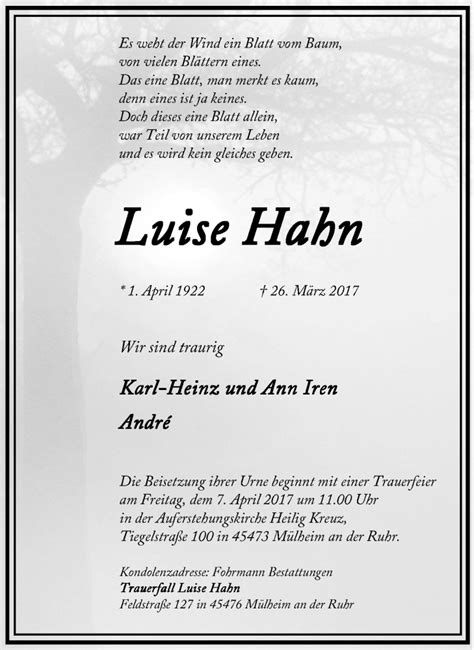 Traueranzeigen Von Luise Hahn Trauer In Nrwde