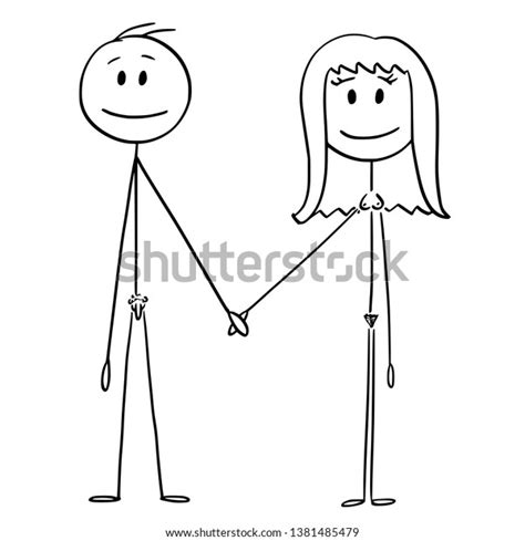Cartoon Stick Figure Drawing Conceptual Illustration Of Front Of Naked Or Nude Human Pair Of Man