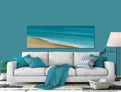 Beach Ocean Painting Panoramic Canvas Wall Art Teal Blue Coastal