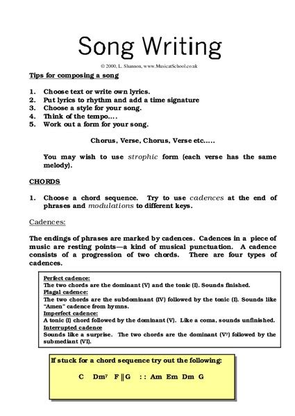 For every verse or section of lyric, write the 2 or 3 words that hold the most emotional value. Song Writing Worksheet for 9th Grade | Lesson Planet