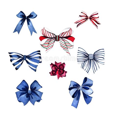 Watercolor Illustration With Blue Striped And Red Bows Set Of