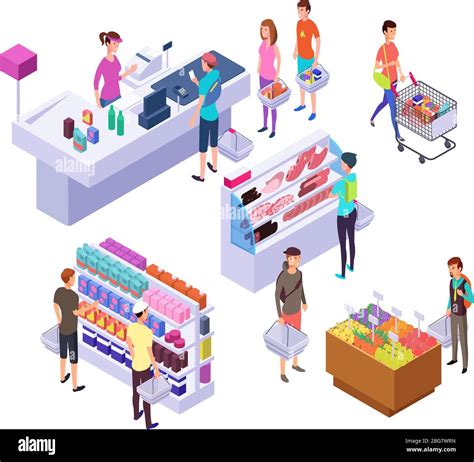 Isometric Grocery Store 3d Supermarket Interior With Shopping People