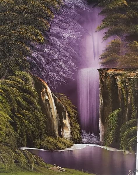 Bob Ross Purple Waterfall Art On The Rocks
