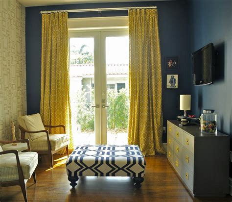 Attractive Mustard Curtains With Blue Dark Walls In Purple Living Room