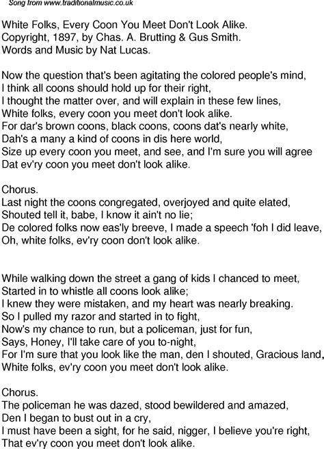 Old Time Song Lyrics for 61 White Folks Every Coon You Meet Don't Look
