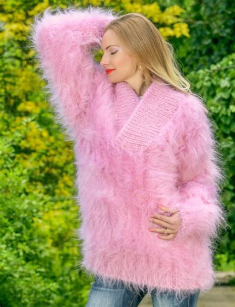 Fuzzy Pink Mohair Sweater Shawl Collar Hand Knitted Thick Soft Jumper Supertanya Ebay