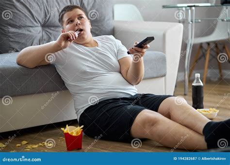Fat Overweight Teenager Boy Has Bad Nutrition Eat Unhealthy Food Stock Image Image Of Glutton