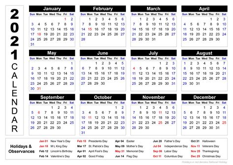 2021 Holidays Calendar Free Online Calendar Printable Yearly Calendar