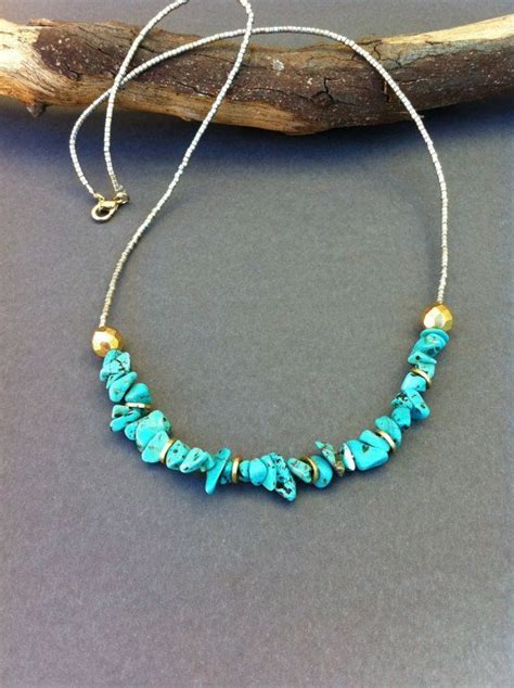 Turquoise Chip Necklace Seed Beaded Necklace Turquoise Chip Silver
