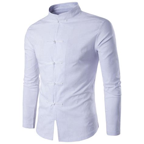 Linen Stand Collar Vintage Chinese Button Shirt For Men Shirts Long