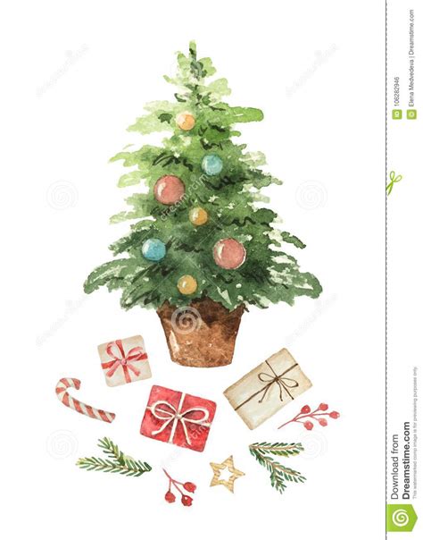Download Watercolor Vector Greeting Card With Christmas Tree, Spruce Branches And Gifts. Stock Vector ...