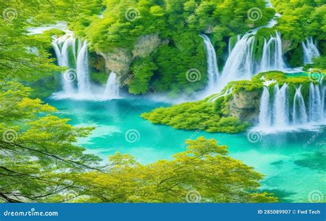 Beautiful Greenery With Waterfall Tree And Lake Stock Illustration