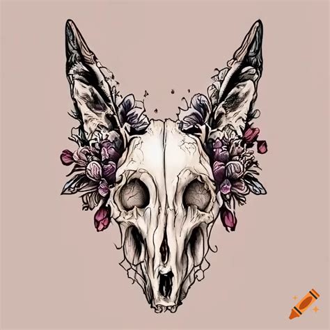 Line Art Tattoo Of A Coyote Skull With Flowers On Craiyon