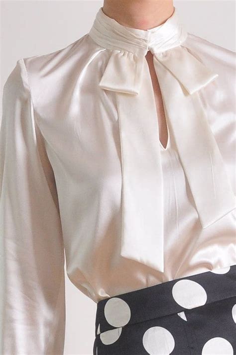 Luxury White Silk Satin Long Sleeves Bow Tie Blouse Shirt Satin Blouses Cream Satin Blouse