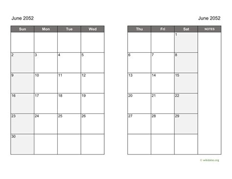June 2052 Calendar On Two Pages
