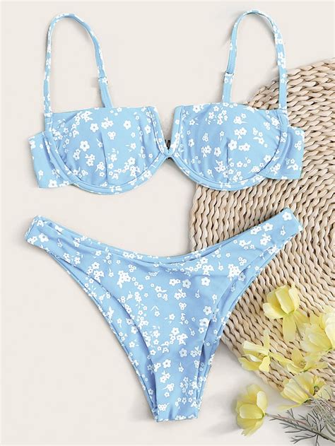 Ditsy Floral V Wired Underwire Bikini Swimsuit Shein Usa Underwire Bikini Swimsuit Bikini