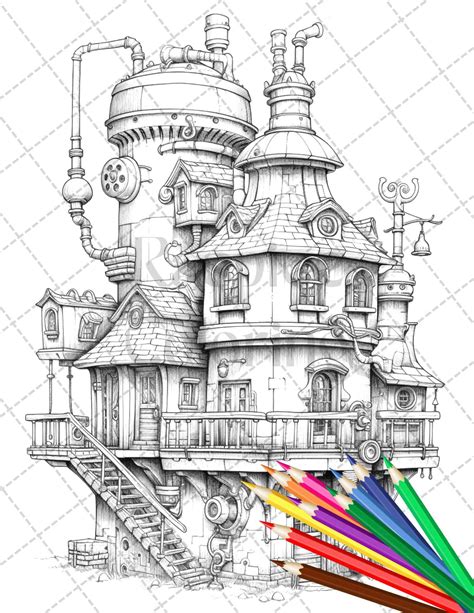 Welcome To Our Collection Of Exquisite Steampunk Houses Grayscale Coloring Pages Designed