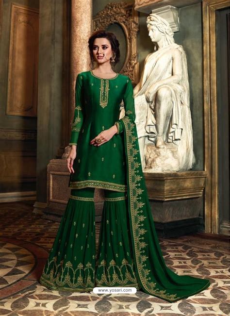 Buy Dark Green Satin Georgette Heavy Embroidered Sharara Salwar Suit Palazzo Salwar Suits