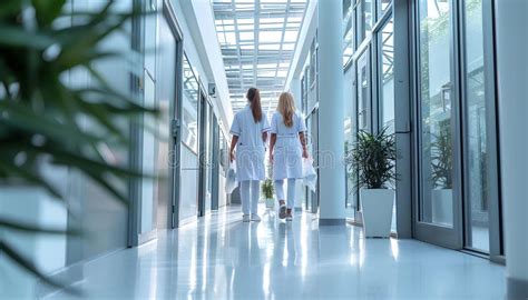 Female Surgeon And Doctor Walk Through White Hospital Hallway Stock