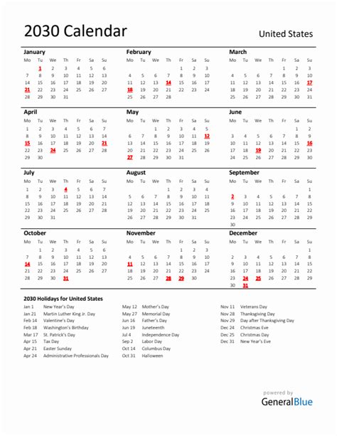 Standard Holiday Calendar For 2030 With United States Holidays