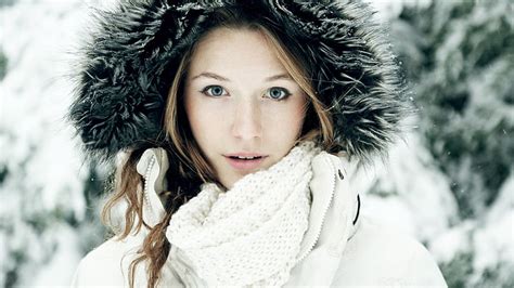 hd wallpaper women s white scarf snow winter blue eyes face blonde model wallpaper flare