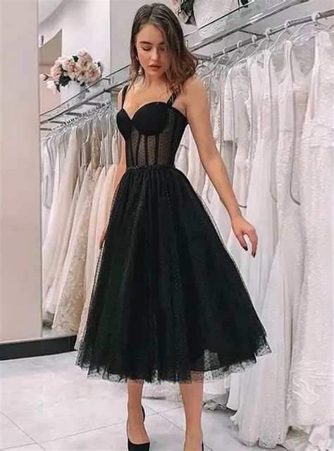 A Line Black Tulle Straps Sweetheart Tea Length Prom Dress Vestidos