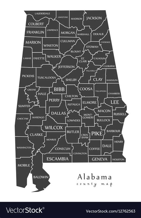 Alabama County Map Labels Royalty Free Vector Image