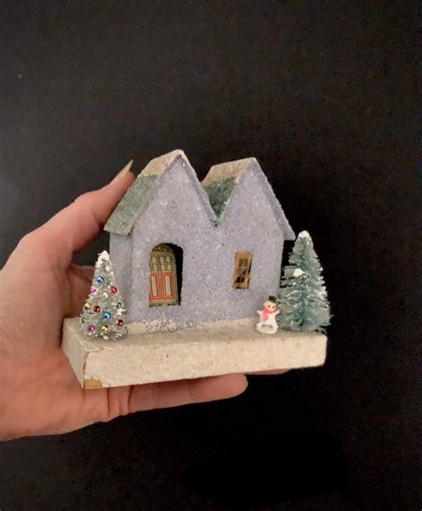 Vintage Christmas Putz House Village With Snowman And Decorated Tree