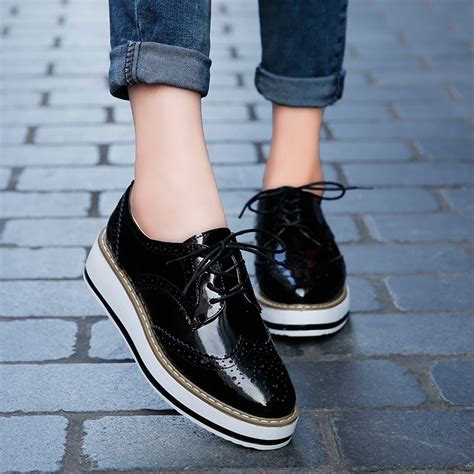 Women Platform Oxfords Brogue Patent Leather Flats Lace Up Shoes On Luulla