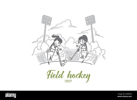 Field Hockey Concept Hand Drawn Two Female Hockey Players Field