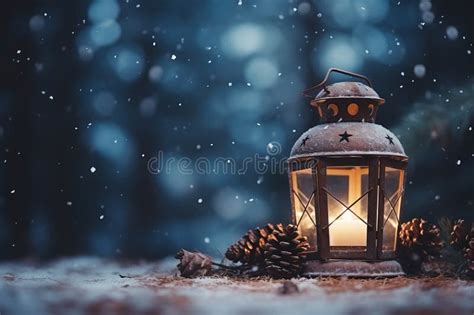 Christmas Lantern With Burning Candles On Snowy Background With Fir