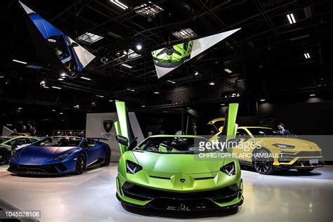 A Lamborghini Aventador Svj Car Is Presented At The Paris Motor Show