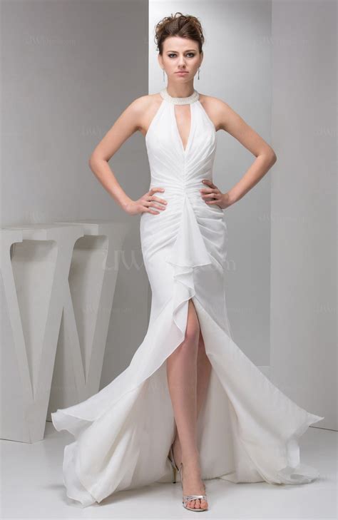 White Long Evening Dress Elegant Simple Beaded Sparkly Unique Modern