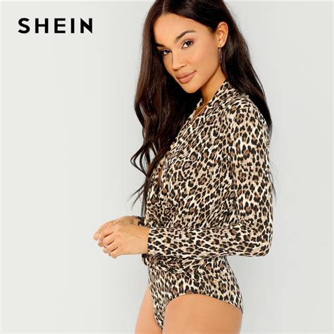 Shein Multicolor Elegant Sexy Surplice Neck Leopard Print Slim Fitted Mid Waist Bodysuit 2018