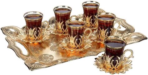 Demmex Set Of Turkish Tea Glasses Saucers Set With Tray And Spoons