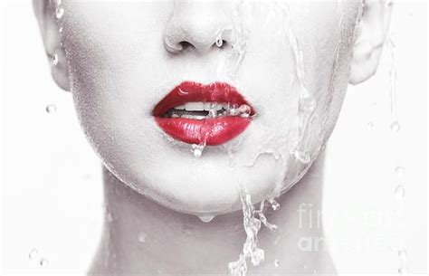 Water Running Over Woman Face With Red Lips By Oleksiy Maksymenko