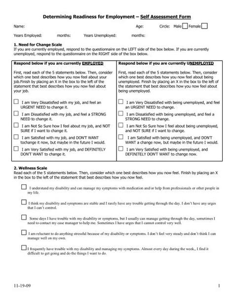 Determining Readiness For Employment Self Assessment Form