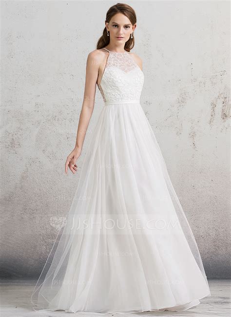 A Lineprincess Scoop Neck Floor Length Tulle Wedding Dress With