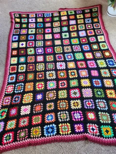 Vintage Afghan Crochet Granny Square Bed Sofa Comforter Throw Blanket