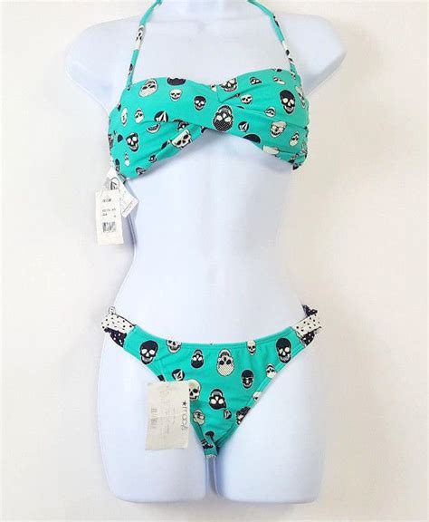 Volcom Womens Skulladots Tube Bandeau Bikini 2 Pieces Set Aqua Color