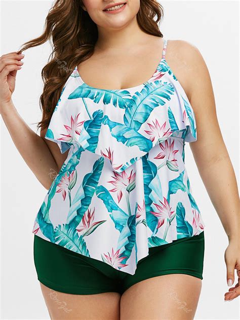 Plus Size Tropical Print Flounce Overlay Tankini Swimwear [37 Off] Rosegal