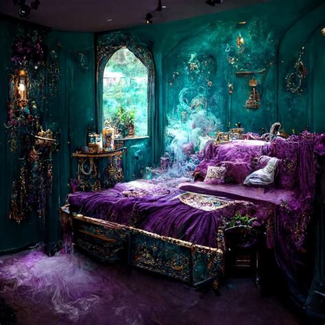 Teal And Purple Elven Bedroom Covered In Potions Gems Lace Curtains