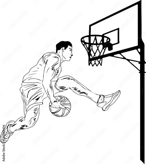 Jumping Basketball Player Silhouette Vector Sketch Drawing Of