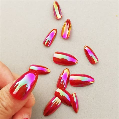 Red Chrome False Nails Metallic Stiletto Fake Nail Tips Pre Glue Artificial Fingernails Manicure