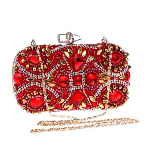 Luxury Beaded Crystal Rhinestone Evening Bag Red Clutch Bag Waamii