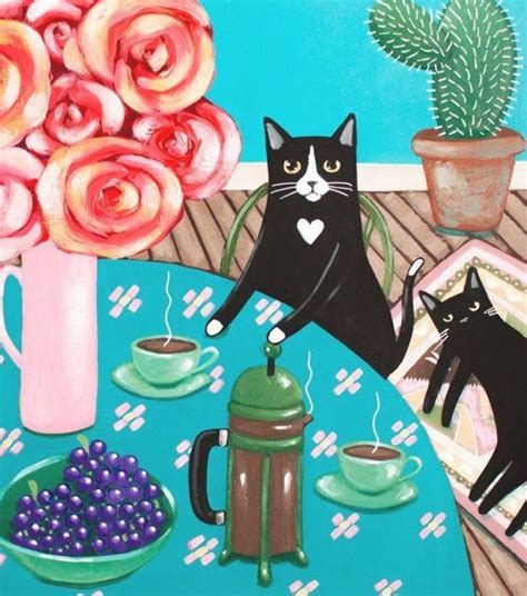 French Press Coffee And Cats Original Cat Folk Art Painting By