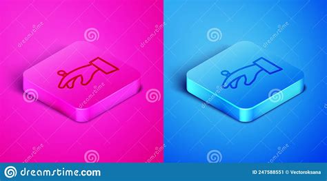 Isometric Line Wedding Rings On Hand Icon Isolated On Pink And Blue